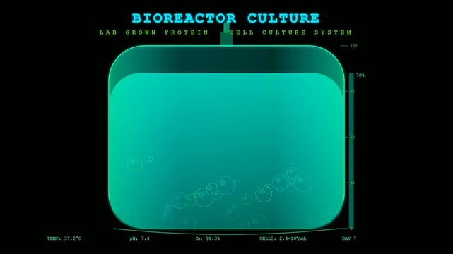 Scientific digital interface monitoring the cultivation of lab grown meat as cellular cultures multiply within a specialized bioreactor vessel using advanced bioengineering software and technology.