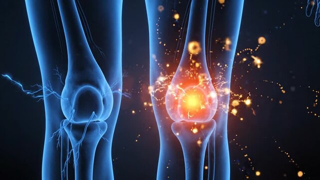 Knee Joint Pain Injury Inflammation Glowing Orange Particles X Ray Blue Background Medical Anatomy Human Body Part