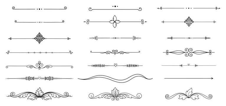 Calligraphic page dividers and ornamental borders set in elegant minimalist vector style