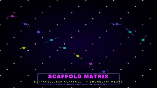 Animated visualization demonstrating how lab grown meat develops within a synthetic scaffold matrix to simulate muscle tissue growth for sustainable future protein production systems
