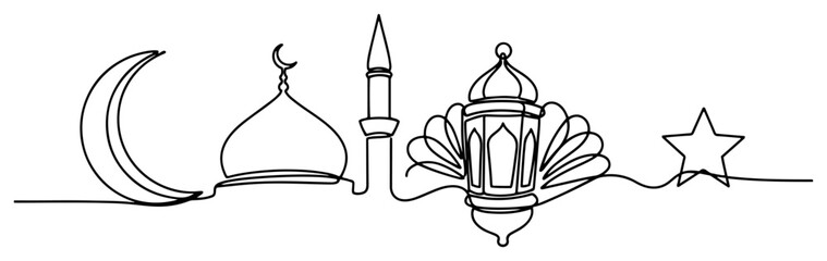 Ramadan and Eid Islamic elements with crescent moon mosque dome lantern and star in continuous one line art style © Tomas