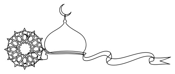 Islamic mosque dome with crescent moon and geometric pattern in minimalist continuous line art style © Tomas
