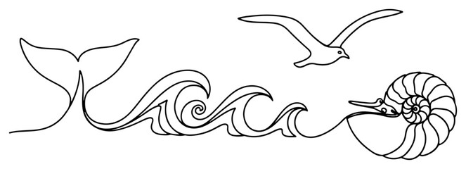 Ocean waves with whale tail seagull and nautilus shell in minimalist continuous line art style © Tomas