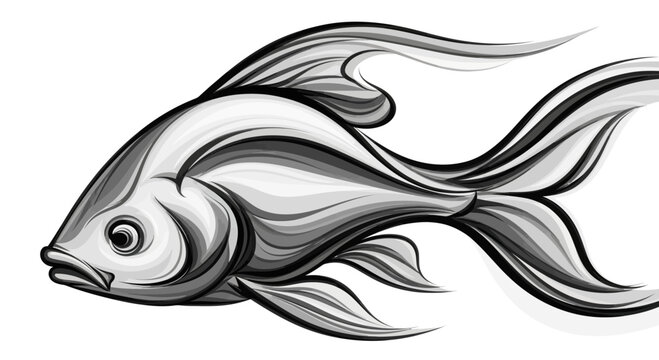 Black and white fish illustration side view.