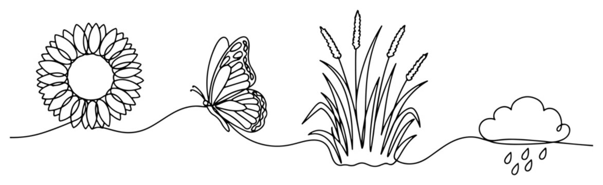 Sunflower butterfly wild reeds and rain cloud in minimalist continuous one line art style