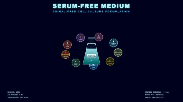 An animated educational graphic demonstrates how lab grown meat is created by mixing essential nutrients and proteins into a sterile chemical base within a beaker.