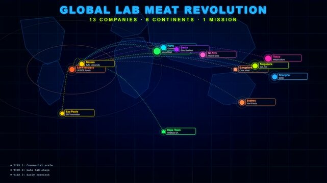 An interactive map for lab grown meat development shows global connections between international research hubs and production facilities in this futuristic motion graphics animation.