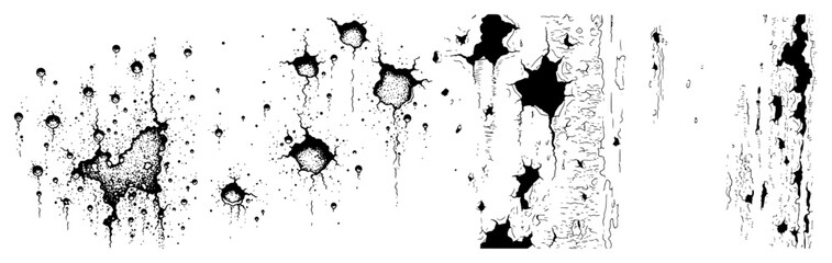 Obraz premium Grunge texture elements featuring paint splatters bullet holes and peeling surfaces in high contrast vector style