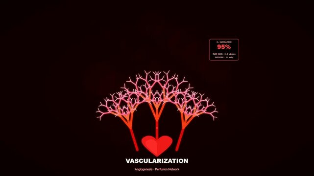 Scientific animation of complex vascularization for lab grown meat production showing blood vessels growing over a heart icon on a dark digital interface screen