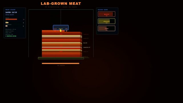 A digital user interface visualizes the sequential production of lab grown meat as a robotic arm prints alternating layers of muscle and fatty tissue.