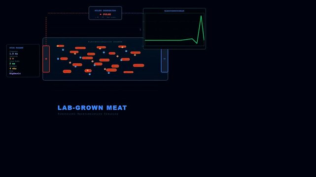 Advanced digital monitors visualize the production of lab grown meat through electrical pulses and cellular activity within a specialized chamber during a controlled scientific experiment.