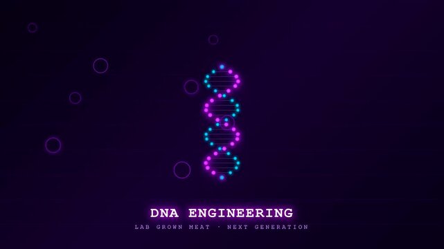 Advanced biotechnological research focused on lab grown meat production features a glowing purple neon DNA double helix structure rotating and growing against a dark digital background.