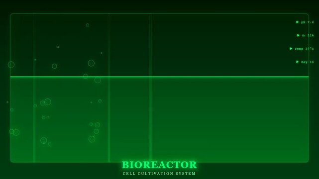 A sophisticated digital interface monitors the growth of lab grown meat as cellular bubbles rise through a green bioreactor system during a controlled scientific cultivation process.