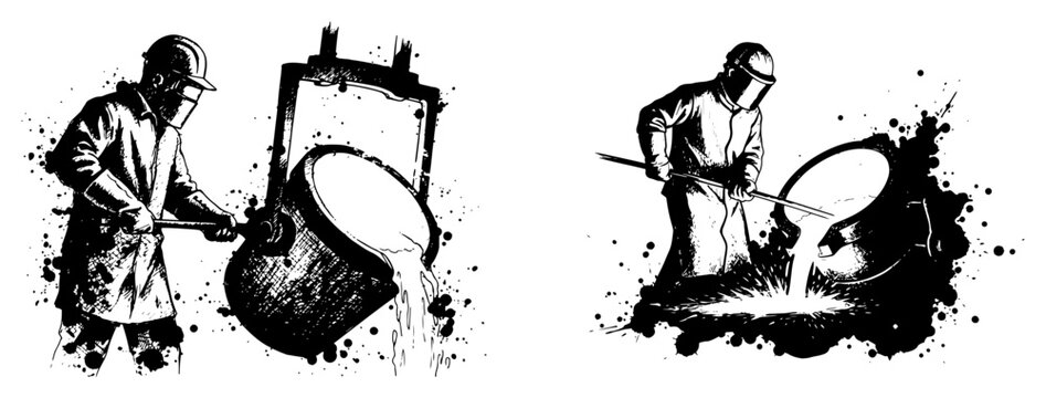 Foundry worker pouring molten metal with liquid splashes in industrial ink splatter style