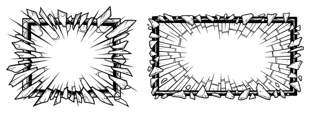 Shattered glass frames and broken border elements in comic book explosion style