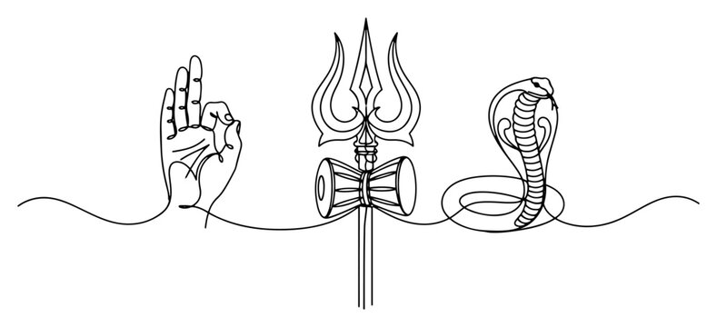 Trishula trident mudra hand gesture and cobra snake in continuous one line art style