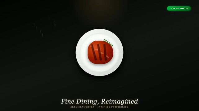 High quality animation showcasing a plate where lab grown meat appears to represent the future of sustainable fine dining with zero slaughter ethics