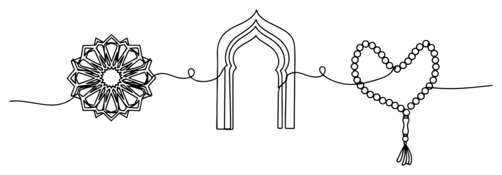 Islamic archway with mandala and prayer beads in continuous single line art style