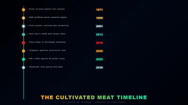 Animated graphic presenting a comprehensive timeline for lab grown meat innovation featuring glowing markers that reveal historical milestones and future scientific projections during the sequence.