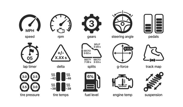 Vehicle telemetry icons showing speed and engine data on grid