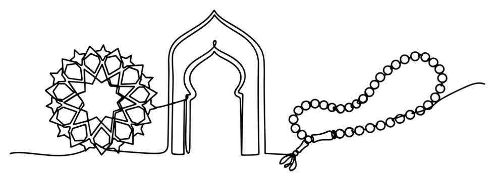 Islamic geometric pattern archway and prayer beads in continuous one line art style