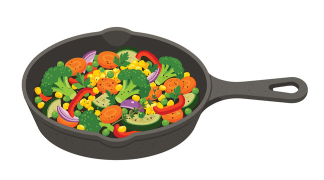 A heavy cast iron skillet is filled with a colorful assortment of sauted vegetables including broccoli, carrots, and peppers in a clean and flat graphic style.