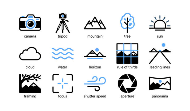 Photography icons showing camera and composition symbols on white