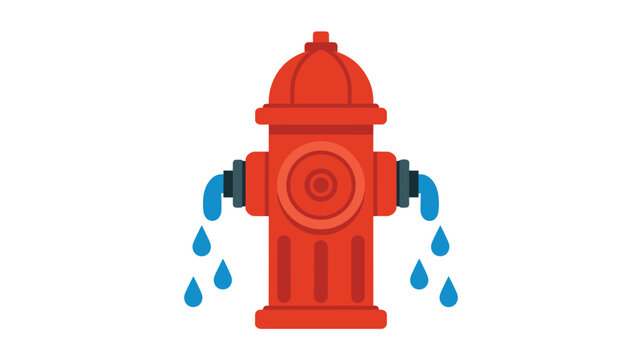A bright red emergency fire hydrant leaking water from both side valves shown against a clean plain white background in a simple flat vector illustration graphic design.
