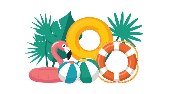 A vibrant collection of inflatable pool toys including a pink flamingo and beach balls arranged on a bright white background with lush green tropical palm leaf accents.
