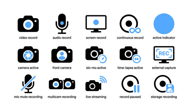 Recording and camera control icons arranged on white background
