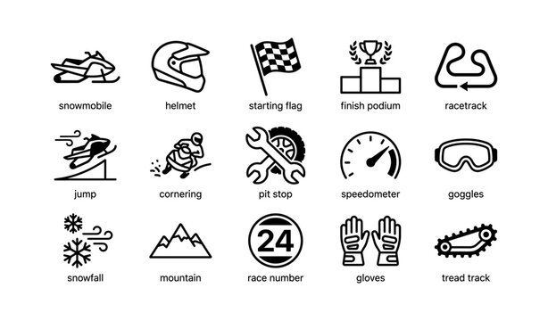 Snowmobile and winter racing icons arranged on white background