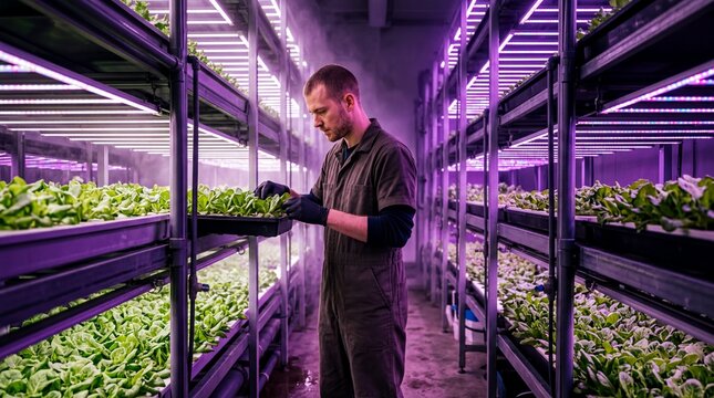 urban agriculture, a farm worker inspects vibrant, symmetrically arranged plants under purple led lights