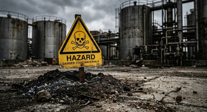 Danger toxic materials hazard sign at industrial site with rusted storage tanks and polluted ground for environmental waste and chemical spill warning in abandoned refinery area.