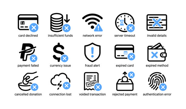Payment error icons arranged in grid on white background