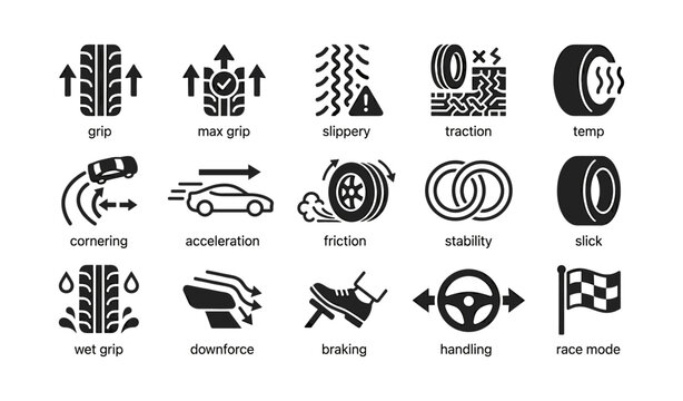Tire icons illustrating grip traction and handling on white background