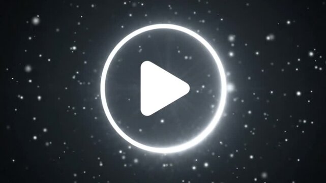 Brightly glowing white play button icon, illuminating a dark, abstract background filled with sparkling dust particles, symbolizing digital video and multimedia engagement