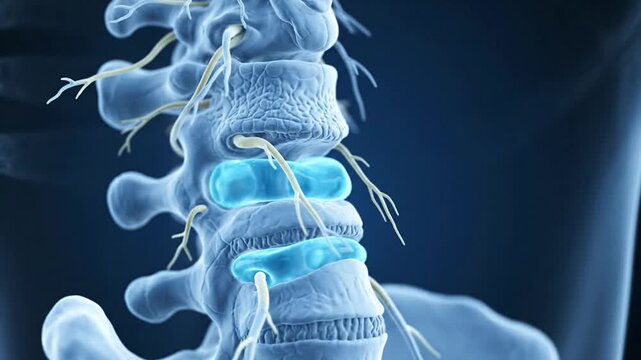 3D Rendered Lumbar Spine Section Showing Intervertebral Discs Nerves And Vertebrae Against A Dark Blue Background