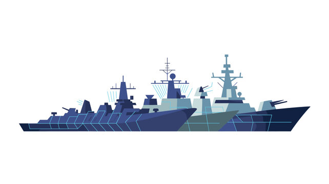 Three naval warships are depicted in a side profile view showcasing intricate blue digital wireframe grid patterns across their metallic hulls against a plain white background.