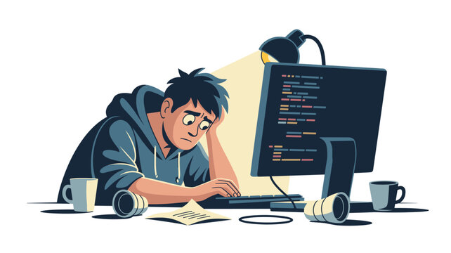An exhausted software developer stares at complex source code on a computer screen within a dimly lit room featuring a modern flat-screen monitor and dark desktop.