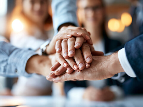 Hands come together in a group meeting to show support during a business discussion at a work event in a city