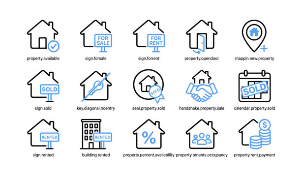 Property icons showing sale rent and occupancy statuses in grid
