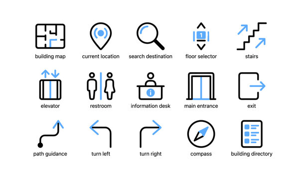 Indoor navigation and facility icons arranged on white background
