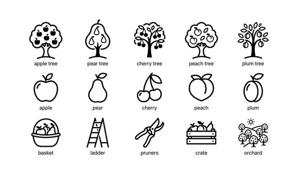 Fruit tree and harvest icons displayed in grid on white background