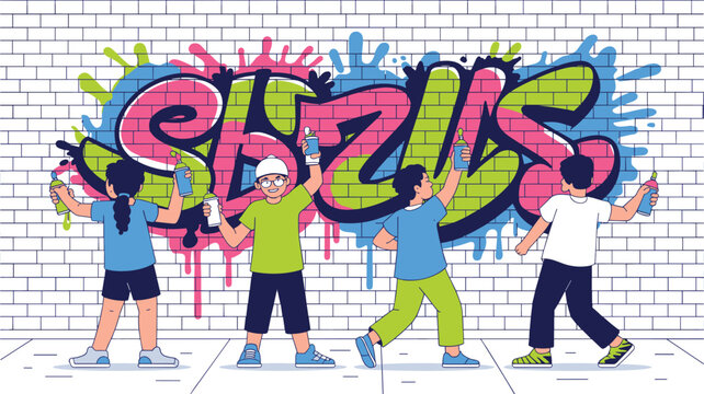 A diverse group of four young artists stands before a brick wall adding final details to a large multicolored graffiti piece using handheld spray paint cans.
