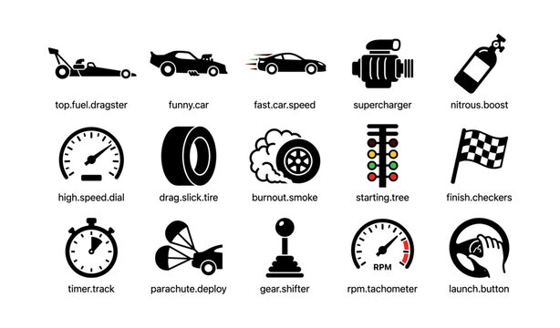 Drag racing icons showing cars engines and race signals
