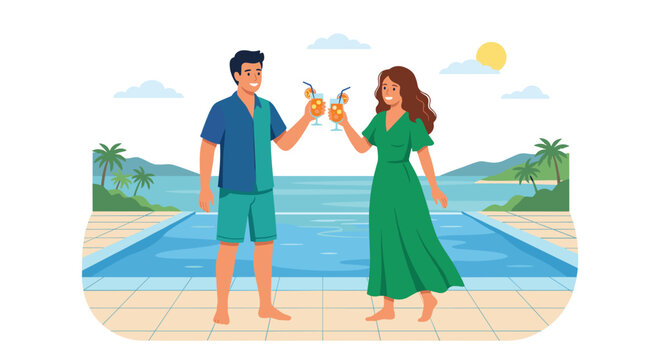 A smiling couple in summer attire holds tropical cocktails while standing on a tiled pool deck overlooking the calm blue ocean at a luxury resort.