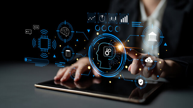 An advanced AI system for business and financial analysis. A futuristic interface for commanding an AI to process data from various domains. Motif