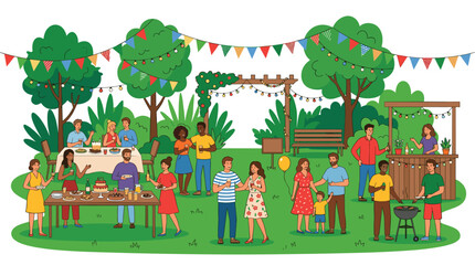Obraz premium Diverse group of people socializing and eating food at an outdoor garden party setting with festive colorful bunting banners strung between trees on a sunny afternoon.