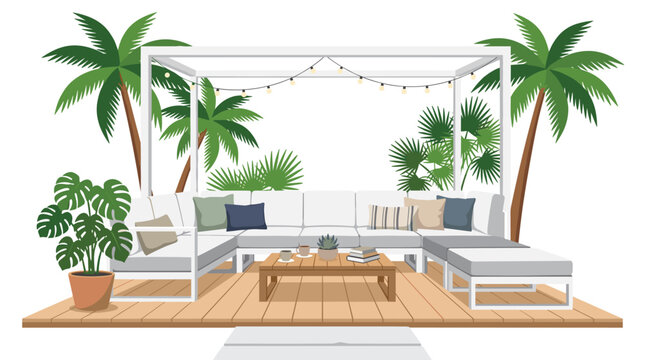 A white sectional patio sofa with grey cushions sits under a modern pergola structure surrounded by tall palm trees on a wooden deck during a sunny day.