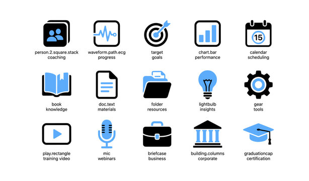 Training and education icons showing coaching and certification